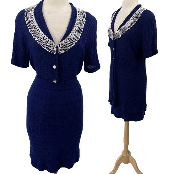 Vintage 2 Piece Skirt Set Crochet Knit Lace Trim Button Front Navy Blue XS/Small - Picture 1 of 12